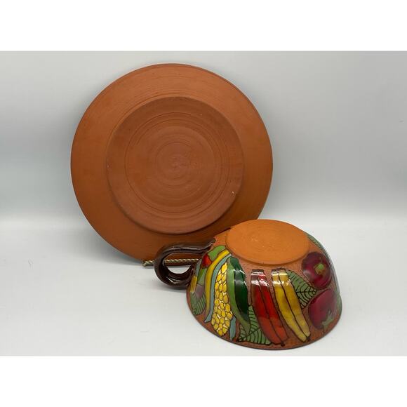 Red-ware Vintage Handled Bowl / Pot & Plate Folk-art Fruit Pattern - Picture 3 of 6